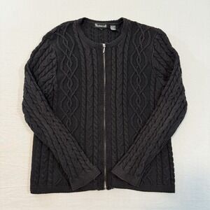 Wainscott‎ Cardigan Sweater Women Large Black Cable Knit Full Zip Fisherman Y2K